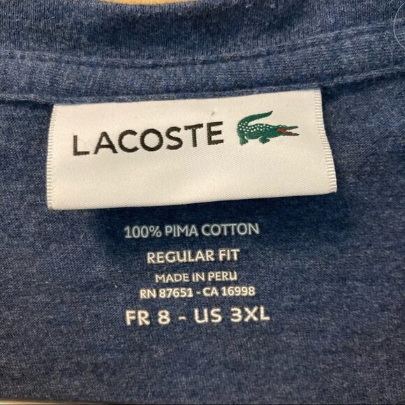 LACOSTE Sz 3X Pima  Cotton V-Neck Regular Fit Indigo Blue Tee T-Shirt - Picture 2 of 6